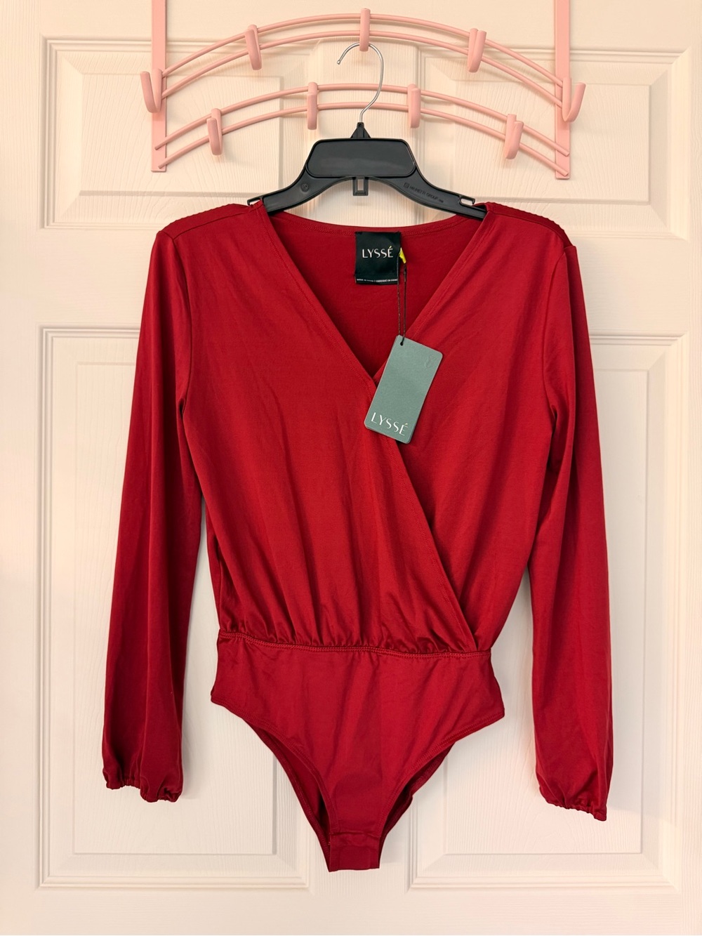 Lysse Crimson Faux-Wrap Long Sleeve Bodysuit